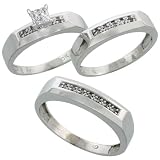 10k White Gold Diamond Trio Engagement Wedding Ring Set for Him and Her 3-piece 5 mm & 4.5 mm, 0.14 cttw Brilliant Cut, Ladies Size 5.5