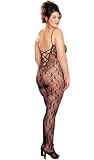 Plus Size Stretch Lace Body Stocking, Open Crotch (One Size Plus, Black)