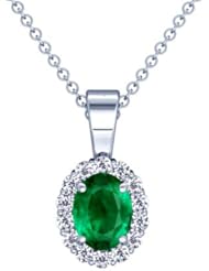 14K White Gold Oval Cut Emerald And Round Diamond Pendant