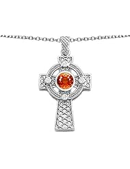 Celtic Love by Kelly (tm) Celtic Cross pendant with 7mm Round Simulated Orange Mexican Fire Opal in 925 Sterling Silver