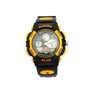 PASNEW ANA-DIGI Waterproof-30M Shock-Proof Anti-Magnetic EL-Backlit Multi-Function Children Girl Sport Watch #048G (Yellow)