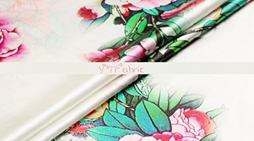 White Silk Stretch Satin Fabric with Paeonia Suffruticosa & Bird Pattern, Fashion Floral Silk Fabric By the Yard