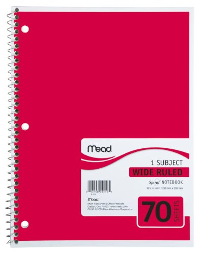 Mead Spiral Notebook, 1-Subject, 70-Count, Wide Ruled, Red (05510)