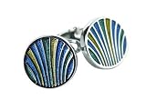 Unique Blue, Yellow, & Teal Enamel Round Silver Cufflinks with Presentation Box