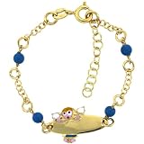 Sterling Silver Rolo Link Baby ID Bracelet in Yellow Gold Finish w/ Blue Turquoise Color Beads & Angel Charm (5-6 inch)