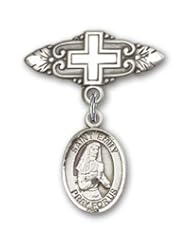 Sterling Silver Baby Badge with St. Emily de Vialar Charm and Badge Pin with Cross