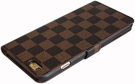 1x Newest Style Luxury DELUXE Grid wallet Checker Pattern Flip Cover Leather Case for New APPLE IPHONE Plus 5.5" 6 6G LV68 WHITE BROWN BLACK GREY (Brown)