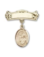 14K Gold Baby Badge with St. Rene Goupil Charm and Arched Polished Badge Pin