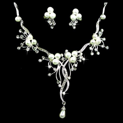 Bridal Wedding Jewelry Set Crystal Rhinestone Pearl Floral Vine Design Necklace