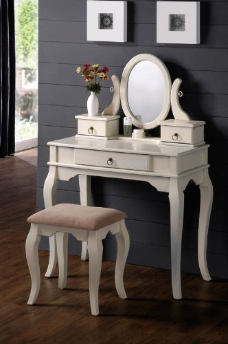 Vanity and Stool Set with Oval Mirror in Antique White Finish