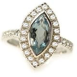 18K White Gold Marquise-Shape Aquamarine Color-Stone Ring, Set with Diamond Accents.