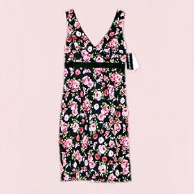 Connected Black / Pink Floral V-Neck Empire Waist Sweetheart Knee Length Cocktail Dress - Size 8
