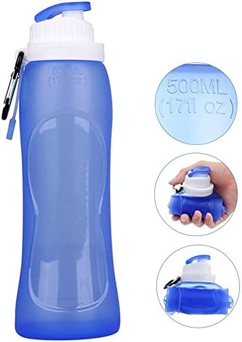 Collapsible Silicone Water Bottles Sports Camping Canteen Foldable Bottle Eco Friendly 17 Oz 500ml (Blue)