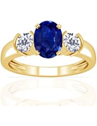 18K Yellow Gold Oval Cut Blue Sapphire Three Stone Ring