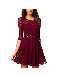 Flared-Skirt Belted Lace Cocktail Round Neck Club Dress/Evening Dress/Prom Dress/Party Dress/Wedding Dress/Midi Dress 