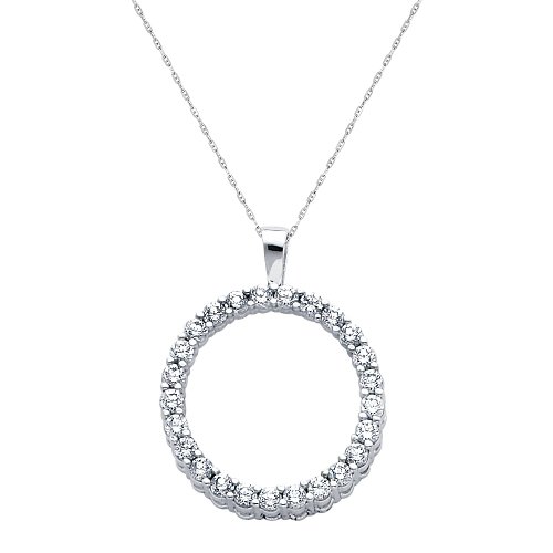 14K White Gold CZ Circle Charm Pendant with 1.0mm Anchor Link Mariner Chain Necklace Set - 18\