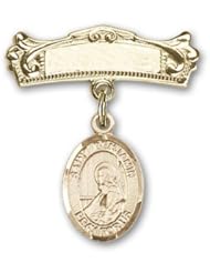 Gold Filled Baby Badge with St. Benjamin Charm and Arched Polished Badge Pin