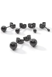 5 Pairs Black Enamel Ip Plated Stainless Steel Round Ball Stud Earrings Set, Includes 2mm 3mm 4mm 5mm 6mm
