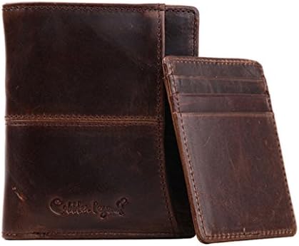 Mens Cowhide Leather Bifold Wallet Card Cases &amp; Removable Card Board Vertical