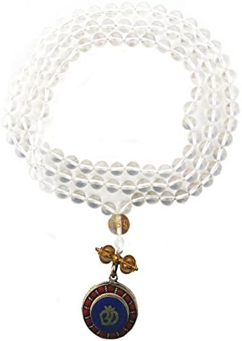 Crystal Quartz Mala 108 Beads Knotted with Tibetan Om & Hand Painted Om Mani Padme Hum Guru Bead