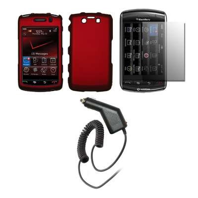 Premium Red Rubberized Snap-On Cover Hard Case Cell Phone Protector + Snap-On Removal Tool + Crystal Clear LCD Screen Protector + Rapid Car Charger for BlackBerry Storm 2 (9550/9520)