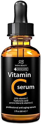 BEST VITAMIN C Serum for Face - 2 fl. oz - 20% organic Vit C + E + Hyaluronic Acid - Professional Facial Skin Care Formula that helps Repair Sun Damage and Fade Age Spots - Radha Beauty (1)
