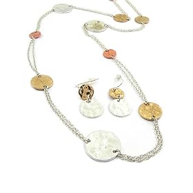 Hammered Metal Tri Tone 2-Strand Necklace Earring Set Fashion Jewelry