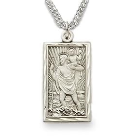 Sterling Silver 1" Rectangle Engraved St. Christopher Medal on 20" Chain