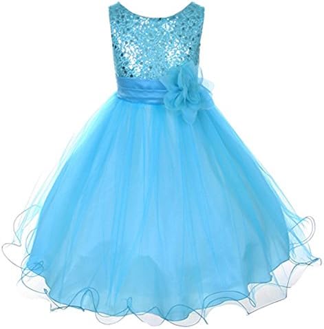 Flower Girls Dress Sequin Glitter Beaded Dress Wedding Prom Bridesmaid Aqua Baby Size S-XL Girls 2-14