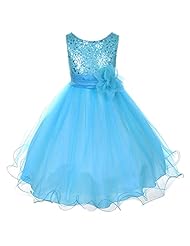 Girls Two-Toned Sleeveless Tea Length Mesh  Sequined Beaded Glittering Flower-Girl Dress  With Ruffles