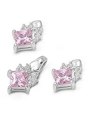 Sterling Silver Pink CZ Stud Earring & Necklace Set