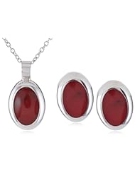 Sterling Silver Gemstone Inlay Oval Button Earrings and Matching Pendant Necklace Set, 16"