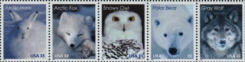 ARCTIC ANIMALS ~ ARCTIC HARE ~ ARCTIC FOX ~ SNOWY OWL ~ POLAR BEAR ~ GRAY WOLF #3292 Strip of 5 x 32¢ US Postage Stamps