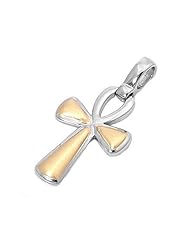 Sterling Silver Ankh Pendant Two Tone Christian Cross Charm 925 Italy New 28mm with 1.8mm Curb Chain