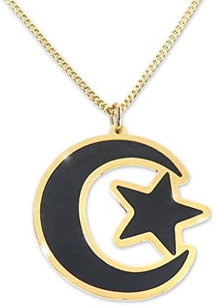 Gold Plated Moon Crescent and Star Pendant - Black Enamel Necklace, 17.5" - Nanostyle Jewelry