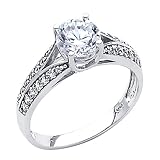 14K White Gold Round-cut Solitaire with Side Stone CZ Cubic Zirconia Ladies Wedding Engagement Ring Band - Size 6