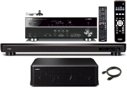 Yamaha CINEMA DSP YSP-2200 IntelliBeam 7.1 HD Digital Audio True Surround Sound Projector Low Profile 16-Speaker Soundbar with a Slim 100 watt Powerful Subwoofer + Yamaha RX-V473 Surround Realism CINEMA DSP 525 Watts AV Receiver + Yamaha Universal iPod / iPhone Dock