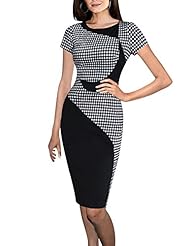 Sexy Checkered Print Lace Fitted Colorblocking Cotton/Polyester/Spandex Short Sleeves Cocktail Knee Length Party Dress 