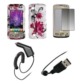 LG Chocolate Touch VX8575 - Premium Purple and White Flowers Design Snap-On Cover Hard Case Cell Phone Protector + Crystal Clear LCD Screen Protector + Rapid Car Charger + USB Data Charge Sync Cable for LG Chocolate Touch VX8575: Electronics
