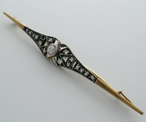 Antique Victorian Period Diamond And 14k Yellow Gold Bar Pin
