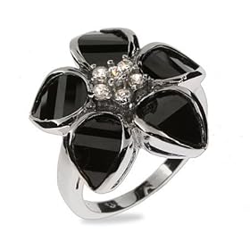Delicate Black Onyx CZ Flower Sterling Silver Ring