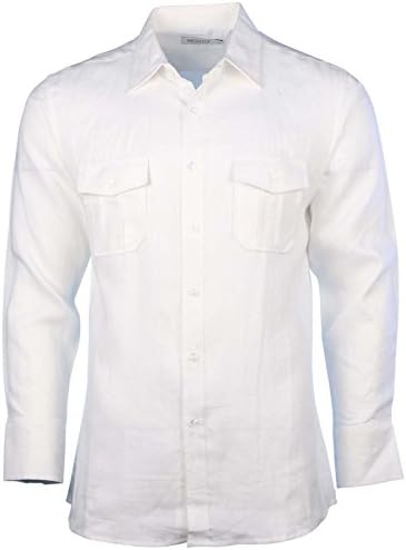 Mojito Collection Men's Linen 2-Pocket Long Sleeve Button Down Shirt-White-Medium