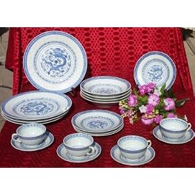 20 Piece Dinner Service - Dragon Design - Blue & White Rice Pattern Chinese Porcelain China Dinnerware