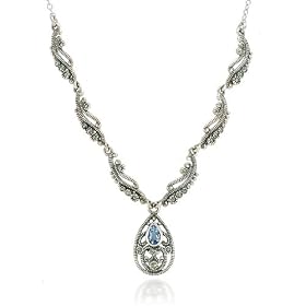Sterling Silver Marcasite Blue Topaz Teardrop Necklace, 16 by Amazon.com Collection