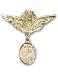 Gold Filled Baby Badge with St. Elmo Charm and Angel with Wings Badge Pin