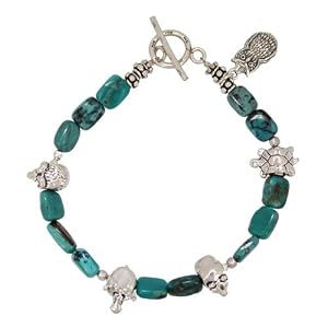 Turquoise Beaded Bracelet with Sterling Silver Wildlife Beads and Owl Charm, 6 1/2" Length, #7569