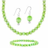 Sterling Silver 6mm Simulated Light Green Cats Eye Stone Bead Beaded Dangle Hook Earrings Stretch Bracelet Necklace 15-19 Jewelry Set