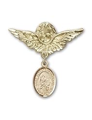 14K Gold Baby Badge with St. Bernard of Montjoux Charm and Angel with Wings Badge Pin