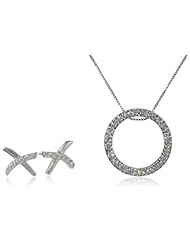Sterling Silver Cubic Zirconia Circle Pendant Necklace with Solid "X" Earrings (XOXO) Jewelry Set