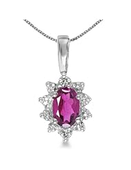 10k White Gold Oval Pink Topaz And Diamond Pendant with 18" Chain